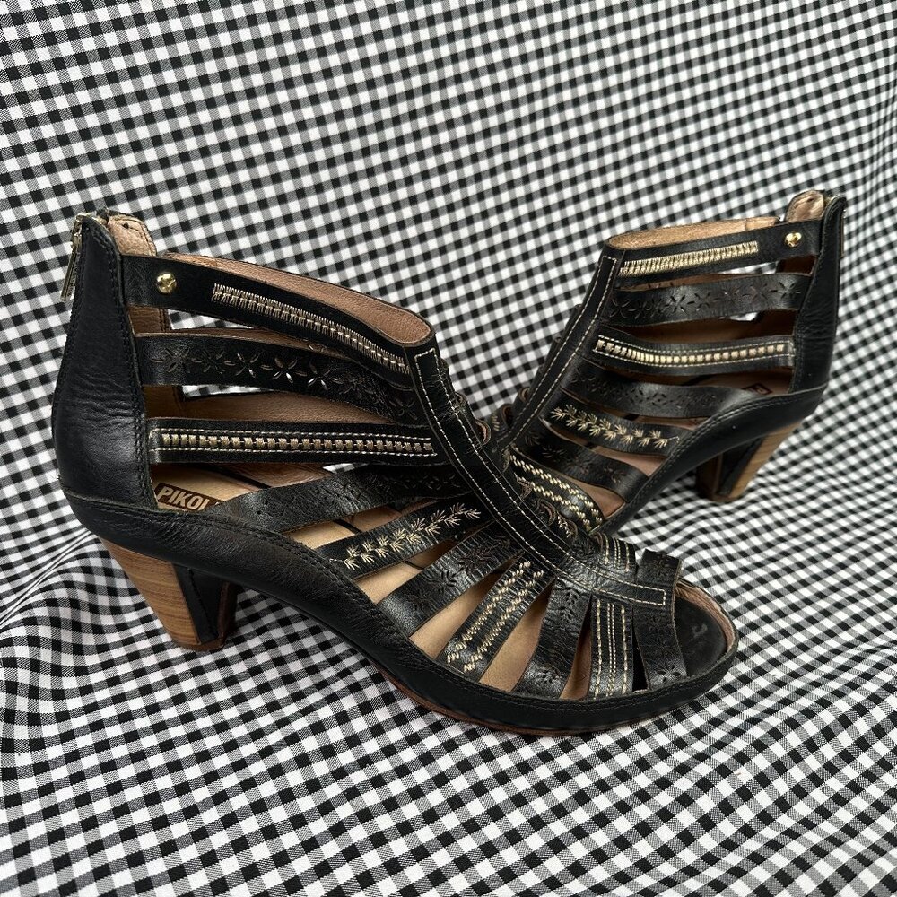 Pikolinos Java Leather Heels Sandals Strappy Black Stitch Mid Heel EU 41 / US 10